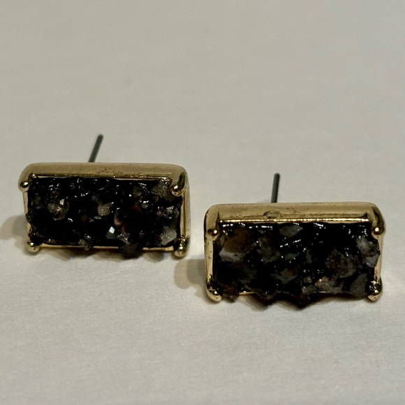 Natural Black Druzy Quartz Crystal Gold Plated Bar Stud Earrings 0.6" - Picture 6 of 9
